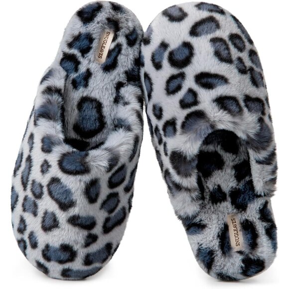 ⚡Women's Cheetah Grey Fuzzy Scuff Slippers Soft Comfy Memory Foam Non Slip - Picture 1 of 6